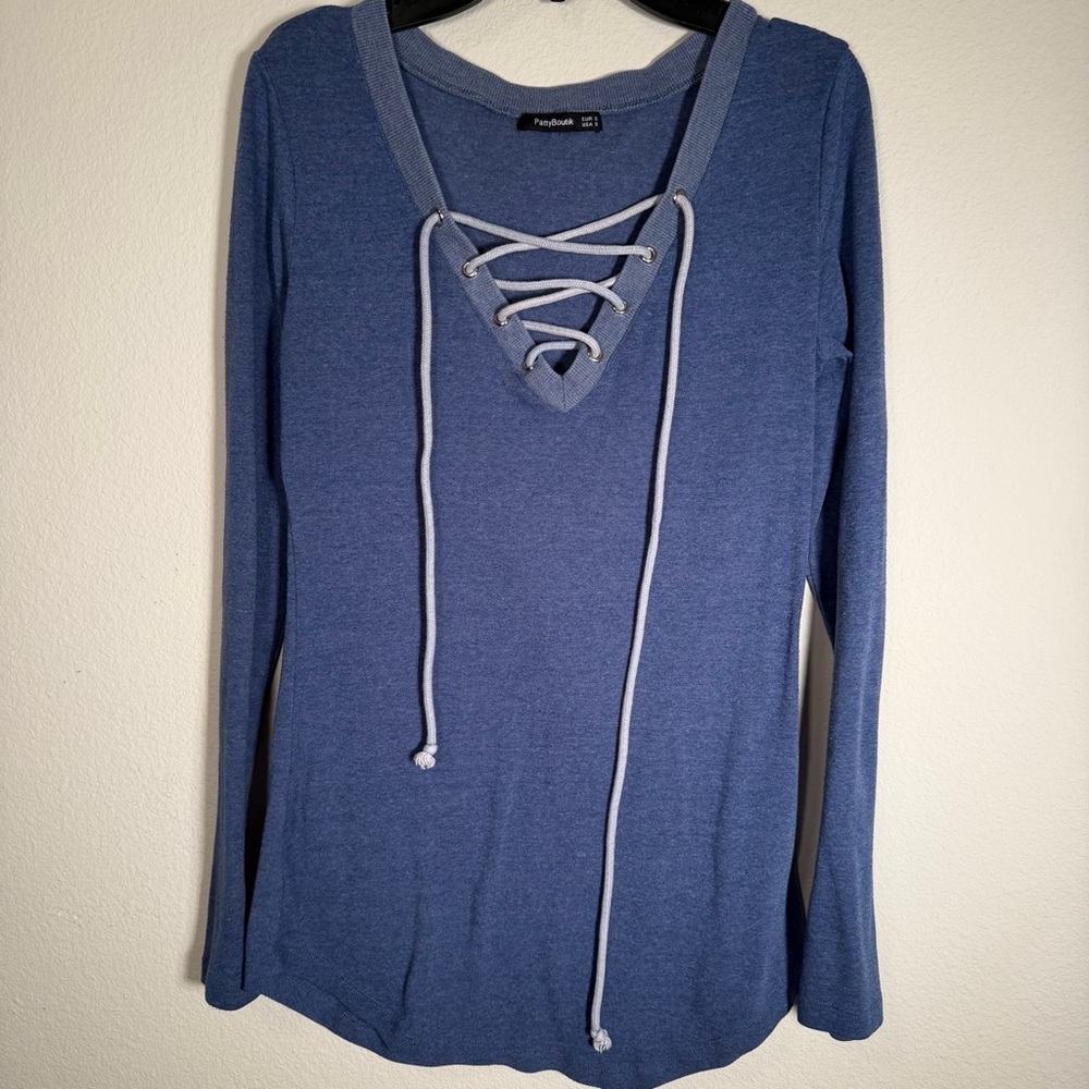 PattyBoutik Blue Lace Up Long Sleeve Top